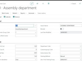Work Center Card with setup in Business Central