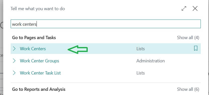 Work center page Tell me search in Business Central