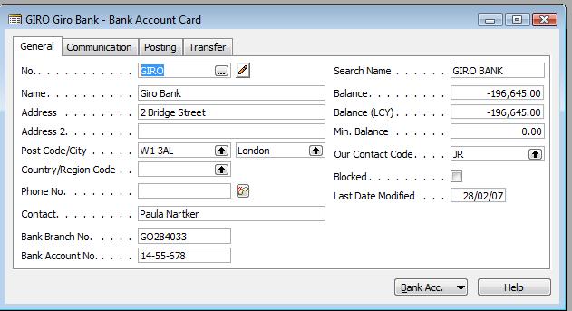 Bank Account Card Form in Navision