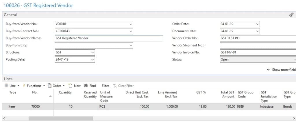 GST Registered Vendor PO Screen NAV 2016