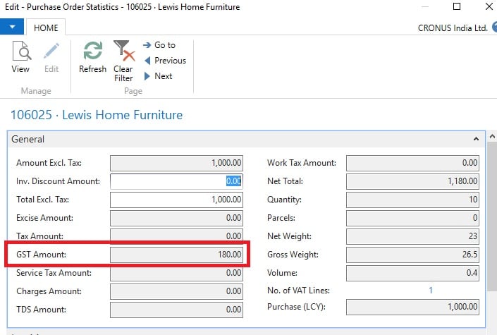 Purchase Statistics GST details NAV Business Central