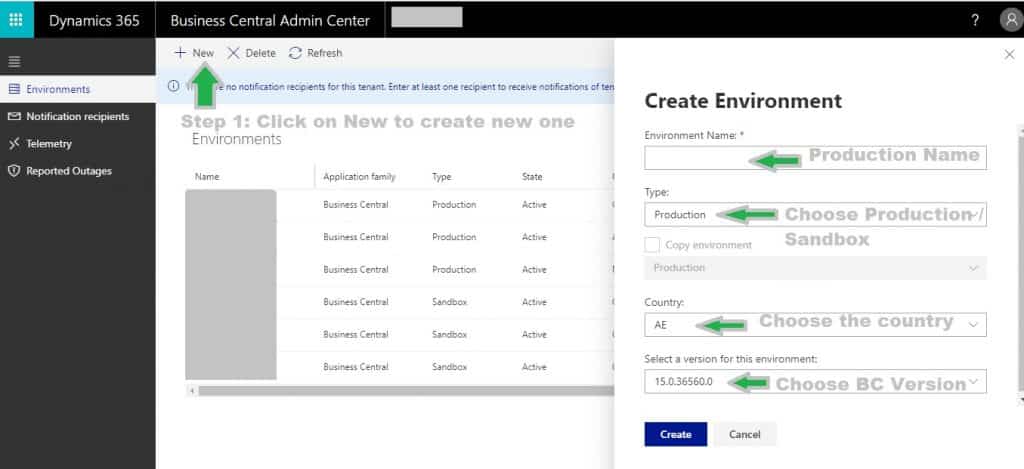 New Production or Sandbox Interface Creation Steps in Microsoft Dynamics Business Central Cloud system