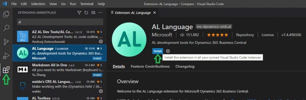 AL Extension Installation after Visual Studio Code Installation