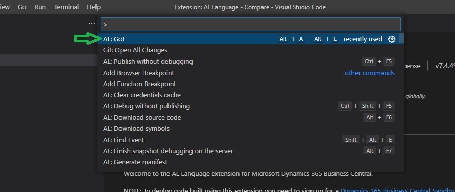 AL go command palate in Business Central integrated Visual Studio Code