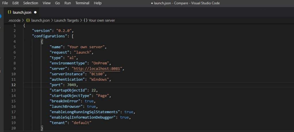 Launch.json settings to Connect Business Central Application vs Visual Studio Code