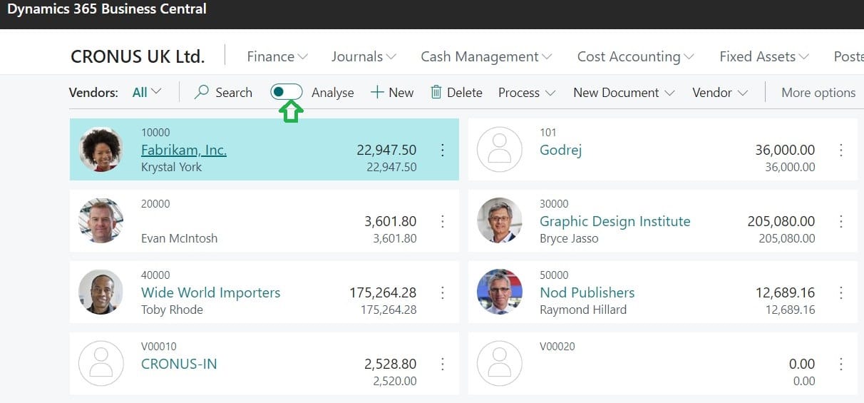 Analyse or Analyze feature in Business central for list pages