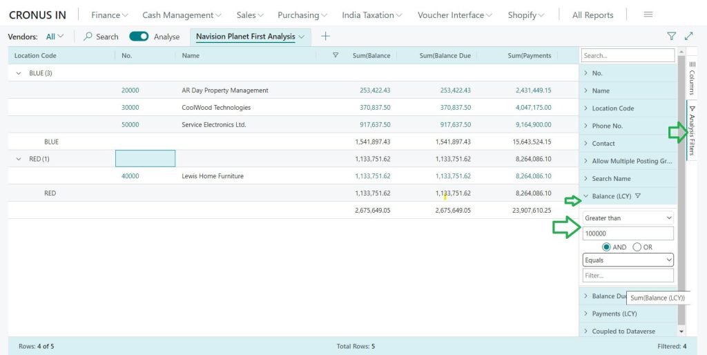 Filter records feature in Analyse Reporting in Business Central