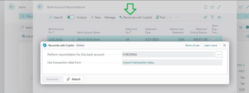 Business Central Bank Reconciliation with Copilot