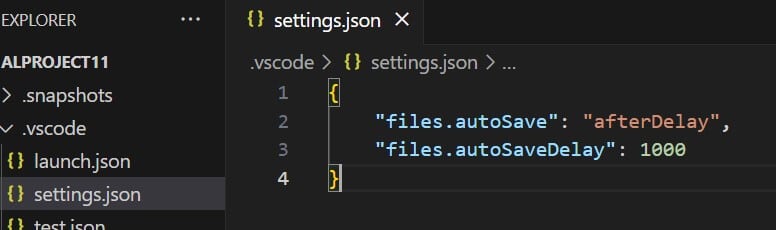 settings.json file with VS Code Activation option enabling