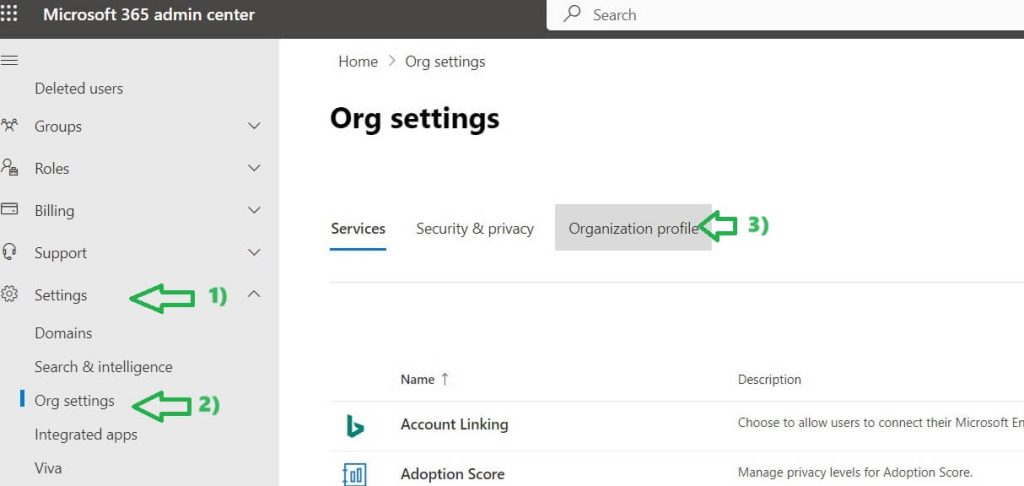 Microsoft 365 Admin center Settings navigation