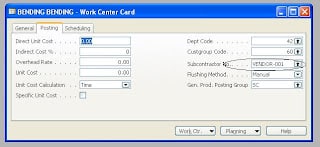 Work Center Card Subcontracting Order setup in Navision