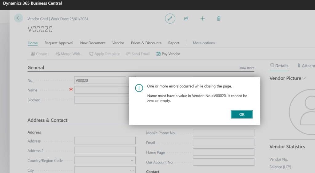 After table level field mandatory activation error message shows in Business Central