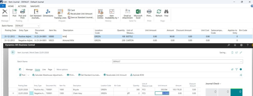 Item journal screen for Business Central / Navision / Dynamics NAV