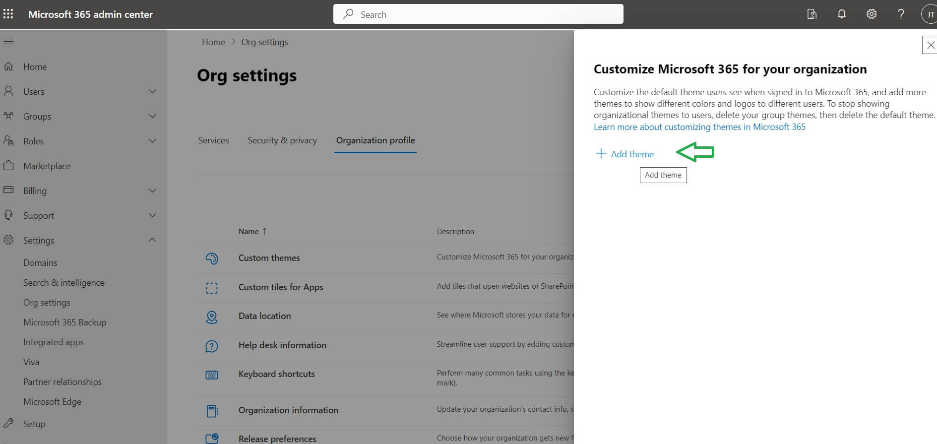 Add new Theme - Microsoft 365 Admin Center Screen Sample