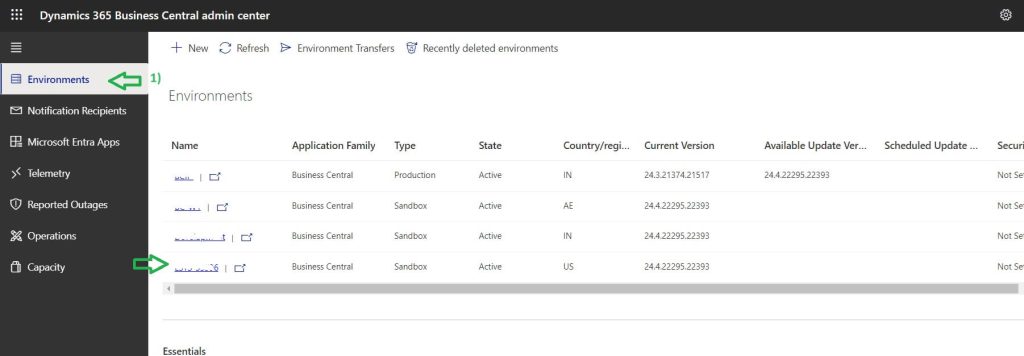 Business Central Admin center Instances listed page with Production and Sanbox instances SaaS