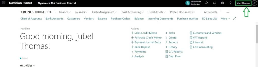 Business Central with User Name Displayed on the Top Bar: Sample Screen Result After Changes
