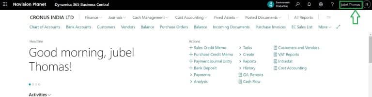 Business Central with User Name Displayed on the Top Bar: Sample Screen Result After Changes