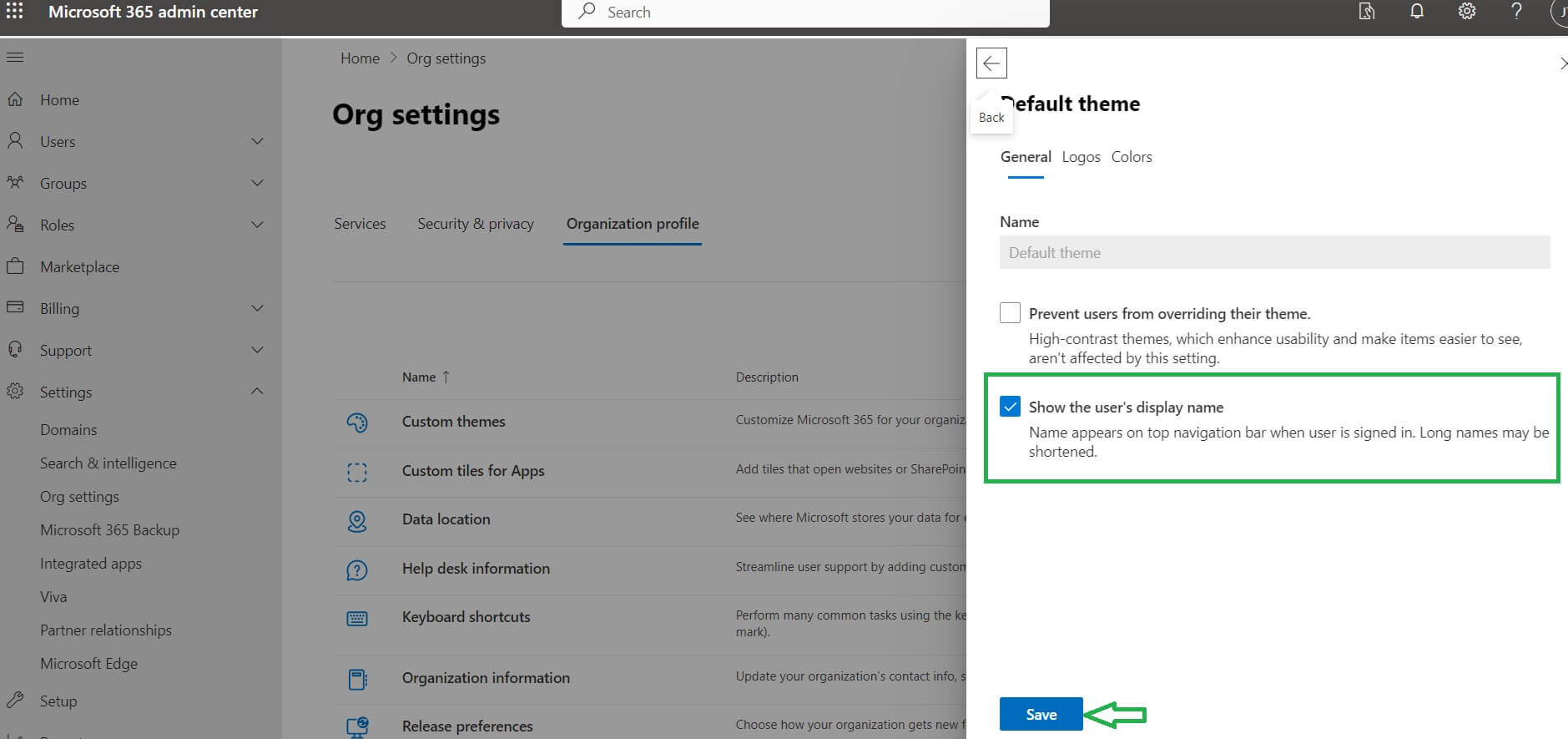 Microsoft 365 Admin Center - Display User Name option selection from theme and press Save button to apply the changes