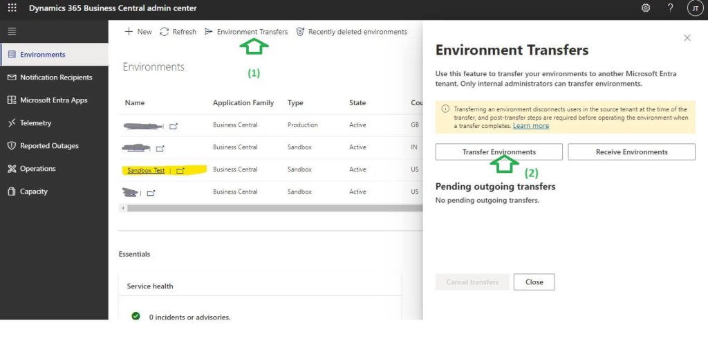 Environment or Instance transfer step Dynamics 365 Business central initiate Screen