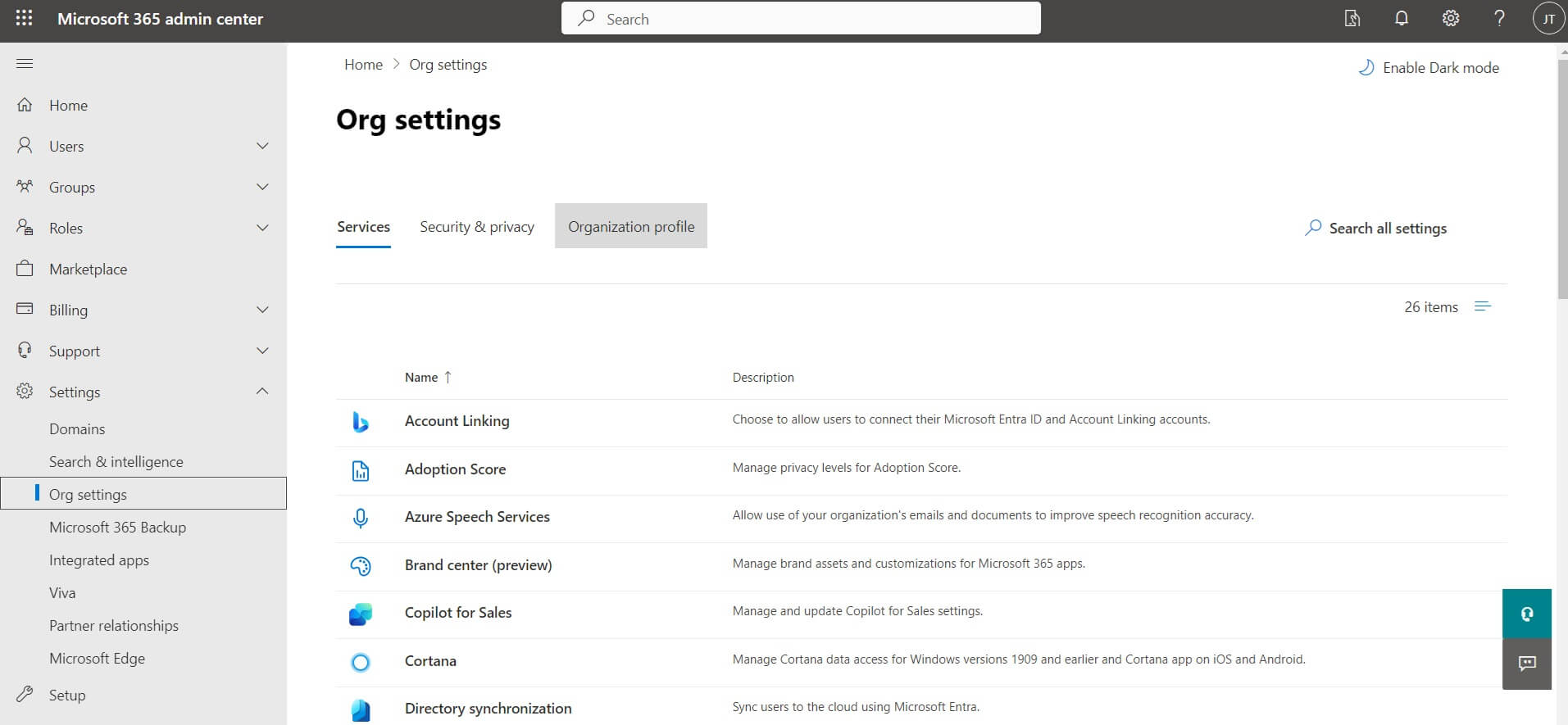 Organizational Settings option in Microsoft 365 Admin Center