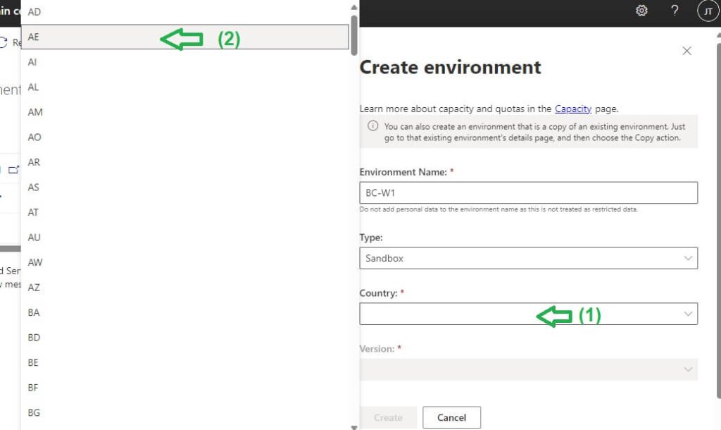 W1 Country Selection on D365 Business Central Admin Center for Cloud SaaS