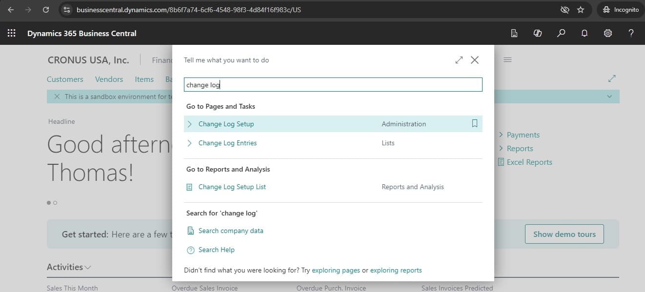 Change Log Search in Business Central