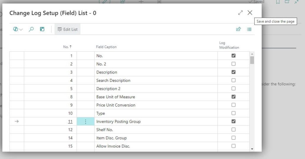 Change Log Setup Item Selected Fields and Save Close