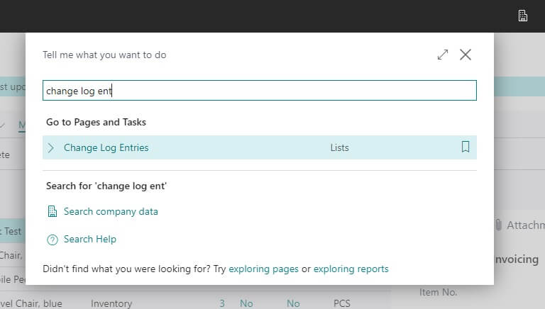 Change log entries Search in Business Central