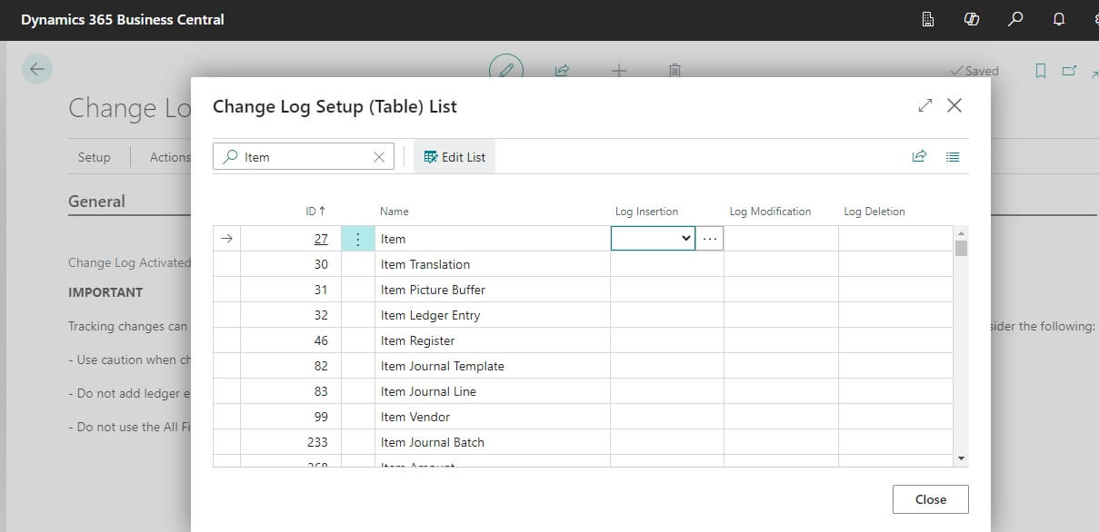 Change Log Setup and Change Log Entries in Business Central