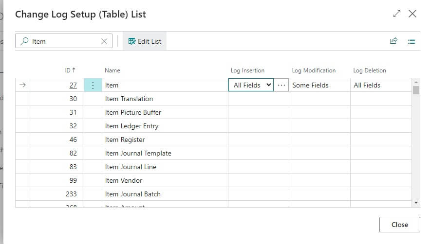 Sample Item Change log setup