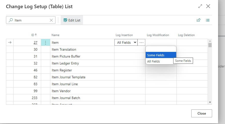 Some fields in Change Log Setup page