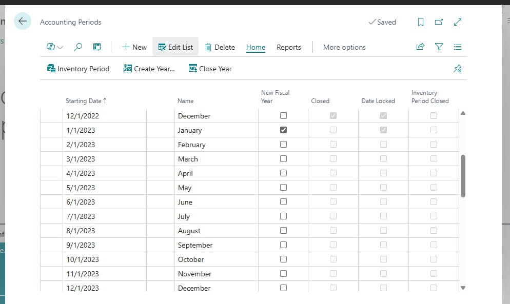 Accounting Period Page in Business Central