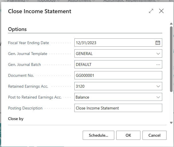 Close Income Statement Job in Business Central with all details required