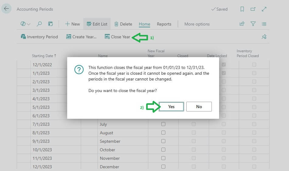 Closing Fiscal year 2023 in Business Central example