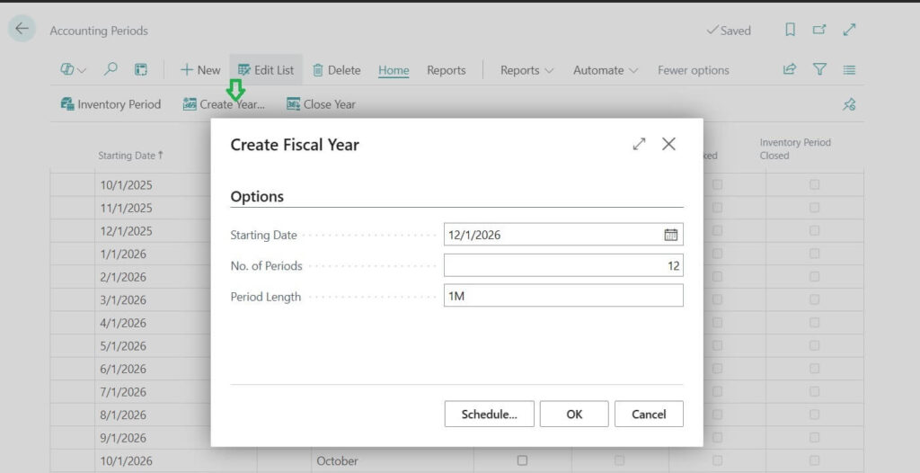 Create Fiscal Year in Business Central