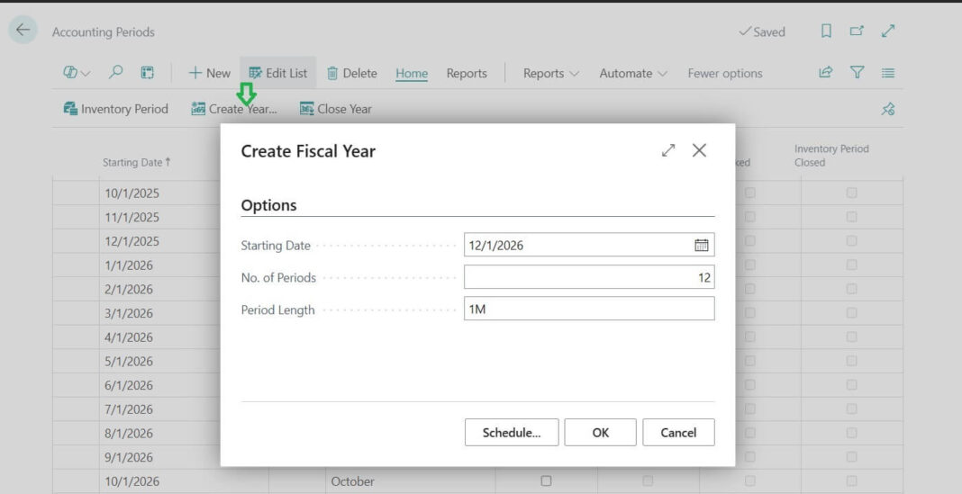 Create Fiscal Year in Business Central