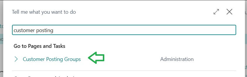Customer Posting Group search on tell me in Business Central
