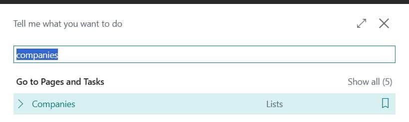 Tell me search Companies in business central