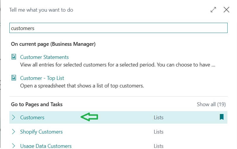 Tell me search Customers in Business Central