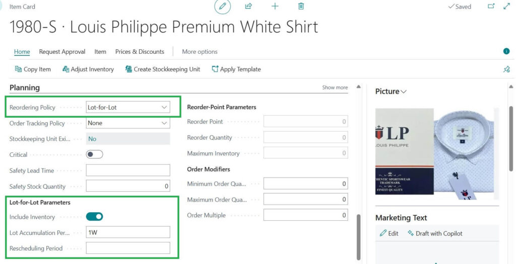 Business Central Lot for Lot Ordering Planning parameters Item Card Sample