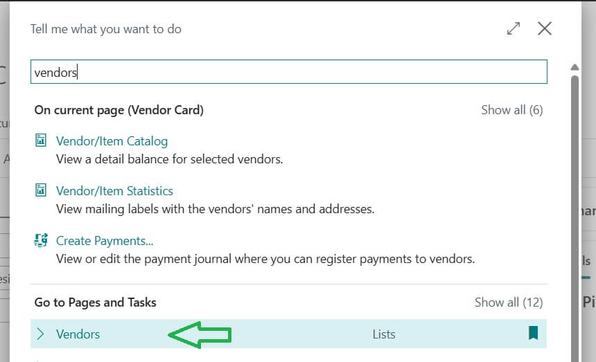 Business Central Tell me Search Vendors