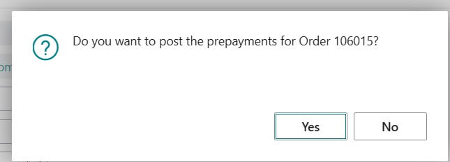 Confirmation message for posting Prepayment in Purchase Order Page