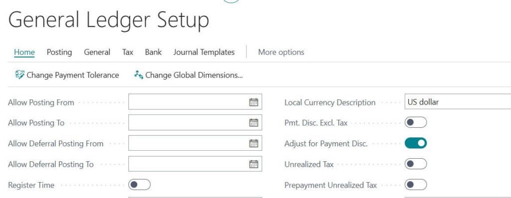 General Ledger Setup Prepayment in Business central