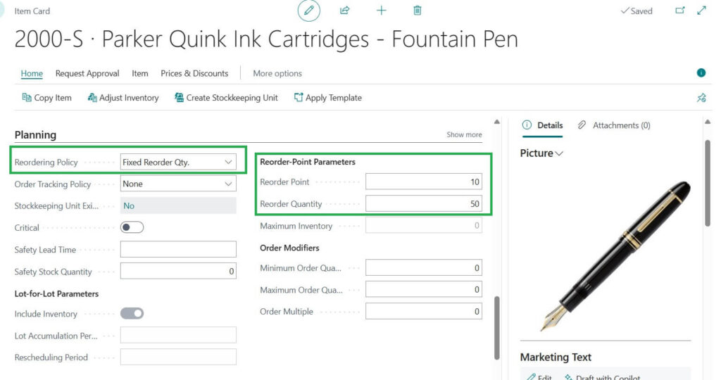 Item Card with Fixed Ordering Quantity Parameters example