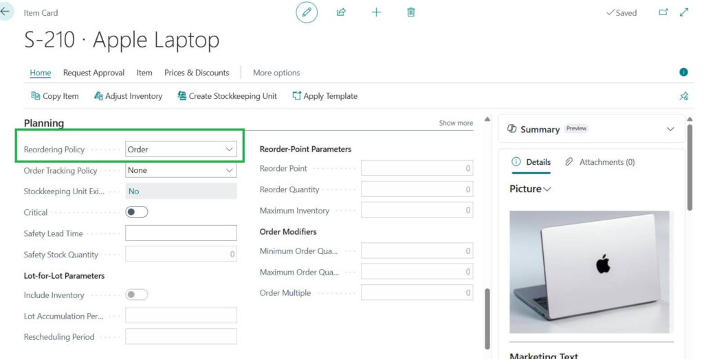 Order reordering policy in Business Central