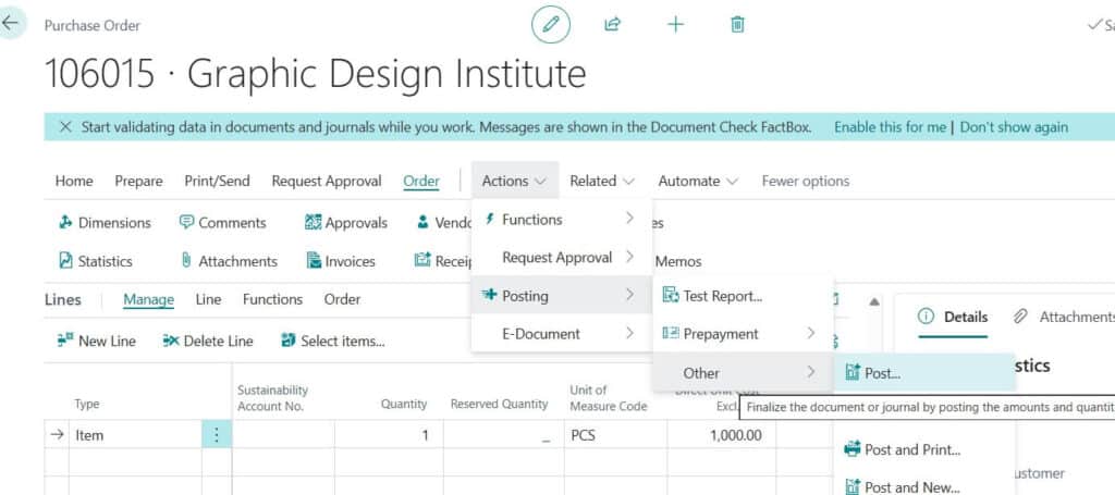 Post the PI normal process available in business central