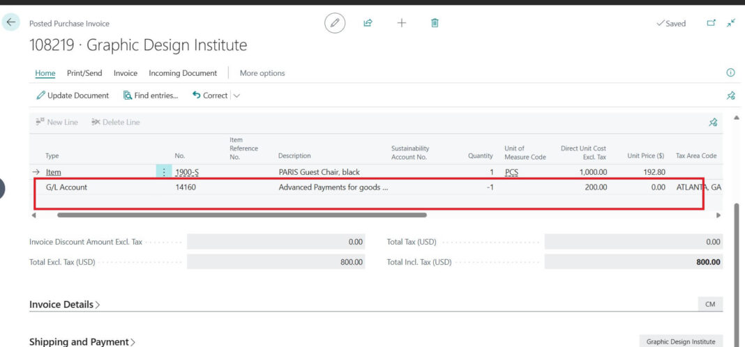 Prepayment adjustment shows in Posted Purchase Invoice proof Business Central