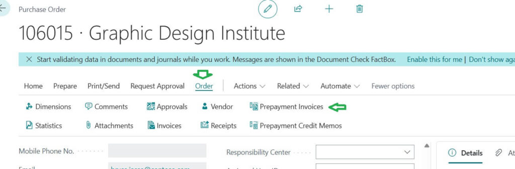posted prepayment entries checking in BC PO