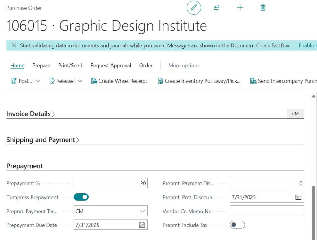 prepayment dedicated tab in PO Order page of Business Central