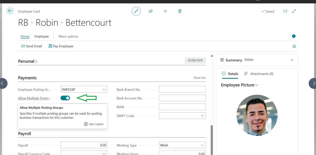 Allow Multiple Posting Groups activated on Employee Card page in Business Central